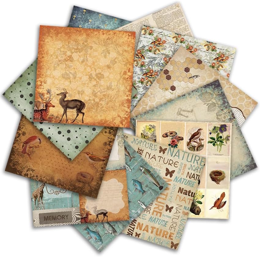 Vintage 6x6 Inch Scrapbook Paper Pad, Single-Sided 12 Unique Nature Designs, Ideal for DIY Crafting, Card Making and Journaling - 24 Sheets