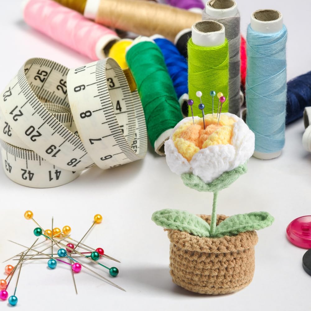 Rose Pin Cushion, Handmade Knitted Pincushions, Cute Pin Cushions Needle Holders for Sewing Quilting Accessory, DIY Crafts or Patchwork Decor.Potted White Yellow Rose