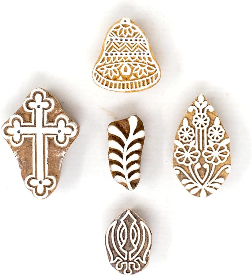 Wooden Indian Traditional Design Printing Stamps - Stamp Block for Printing Saree Border/Dresses/Craft Card Making/Scrapbook/Clay Pottery (Set of 5) Hashcart®