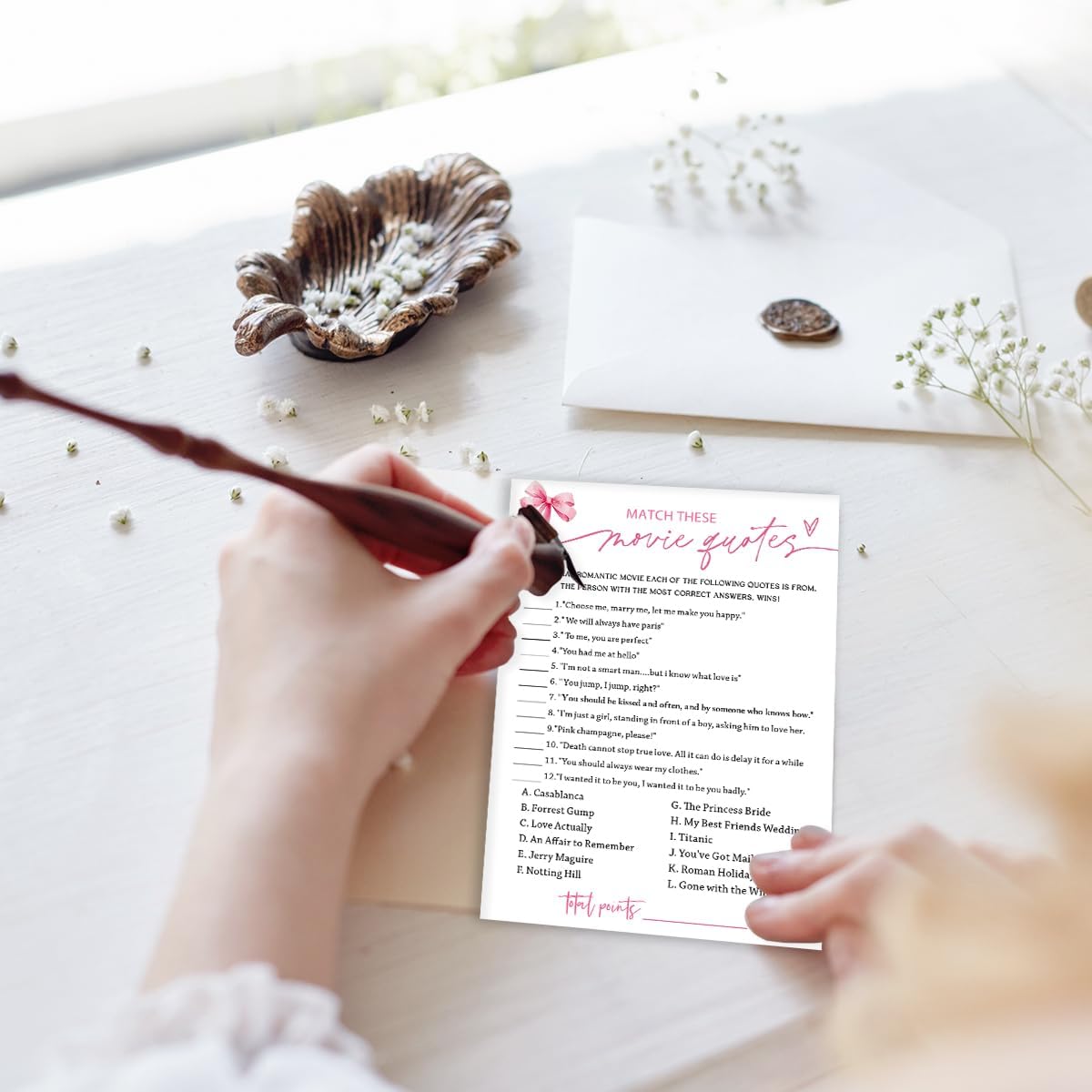 Bridal Shower Games Cards, Match These Movie Quotes, 25 Cards with 1 Answer Card, Engagement Party Games for Guests, Pink Ribbon Bow Wedding Party Supplies - E09