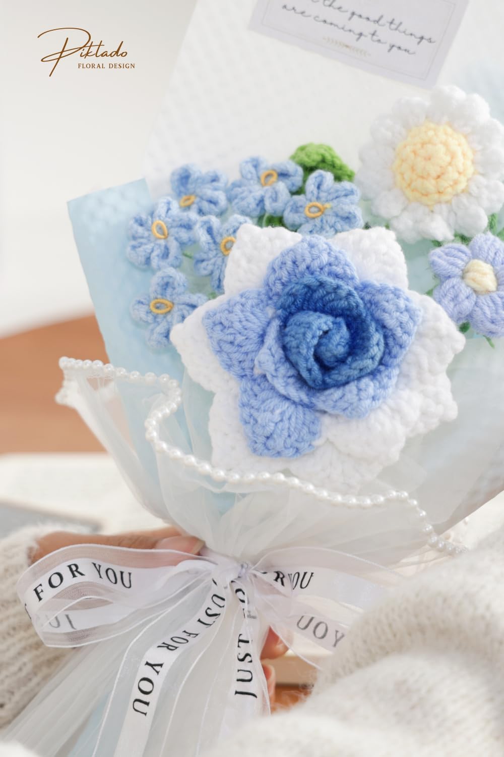 Hand-Woven Flower Bouquet Finished（1pcs） for Valentine's Day Girlfriend Birthday Gift Wedding Decoration Crochet Artificial Flower, Bouquet Gift (Blue)