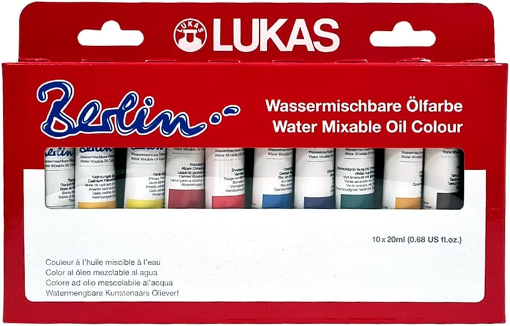 Lukas Berlin Pro Artists Water Mixable Oil Paint Set of 10 (20mL) Selection Set of 10-20 ml Tubes, Water Soluble, Lightfast Pigments, Quick Drying, Easy Clean-Up, Eco-Friendly, Professional Quality