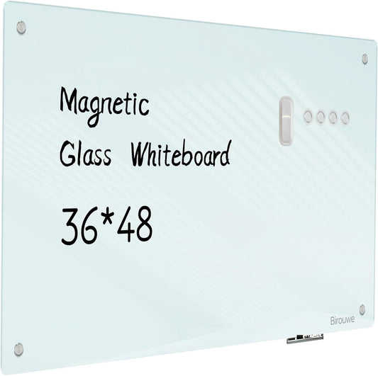 Magnetic Glass Whiteboard - Glass Dry Erase Board 48"x36" Large Frameless Board for Walls Office School and Home