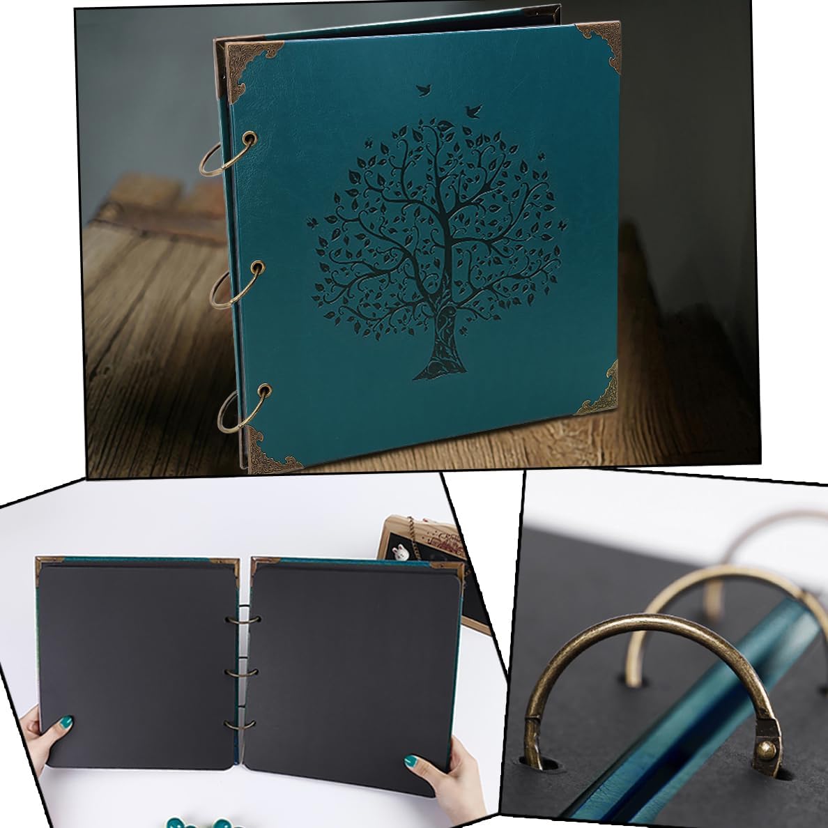 Photo Album DIY Scrapbook, 10x10 inch 50 Pages Vintage Leather Cover Three-Ring Binder Family Picture Booth Albums with 408pcs Self Adhesive Photos Corners for Memory Keep, Tree (Jasper Green)