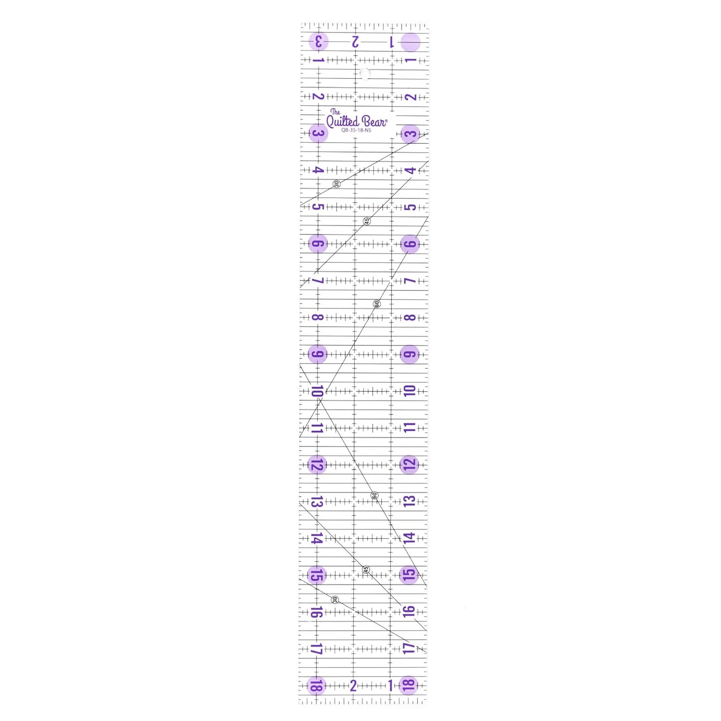 The Quilted Bear Quilting Rulers - Transparent Acrylic Non Slip Quilting, Patchwork & Sewing Ruler with Clear Black Lines & 30, 45 & 60 Degree Angles (3.5" x 18.5")