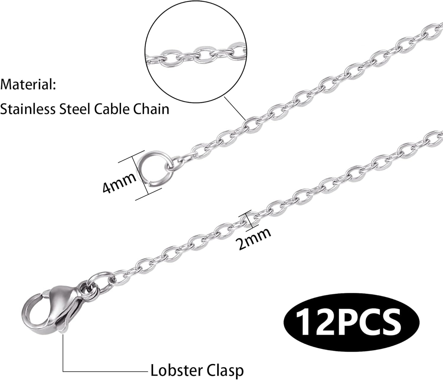 Wholesale 12 PCS Genuine Stainless Steel Fine Cable Chain Necklace Chains Bulk for Jewelry Making (26 Inch(2MM))