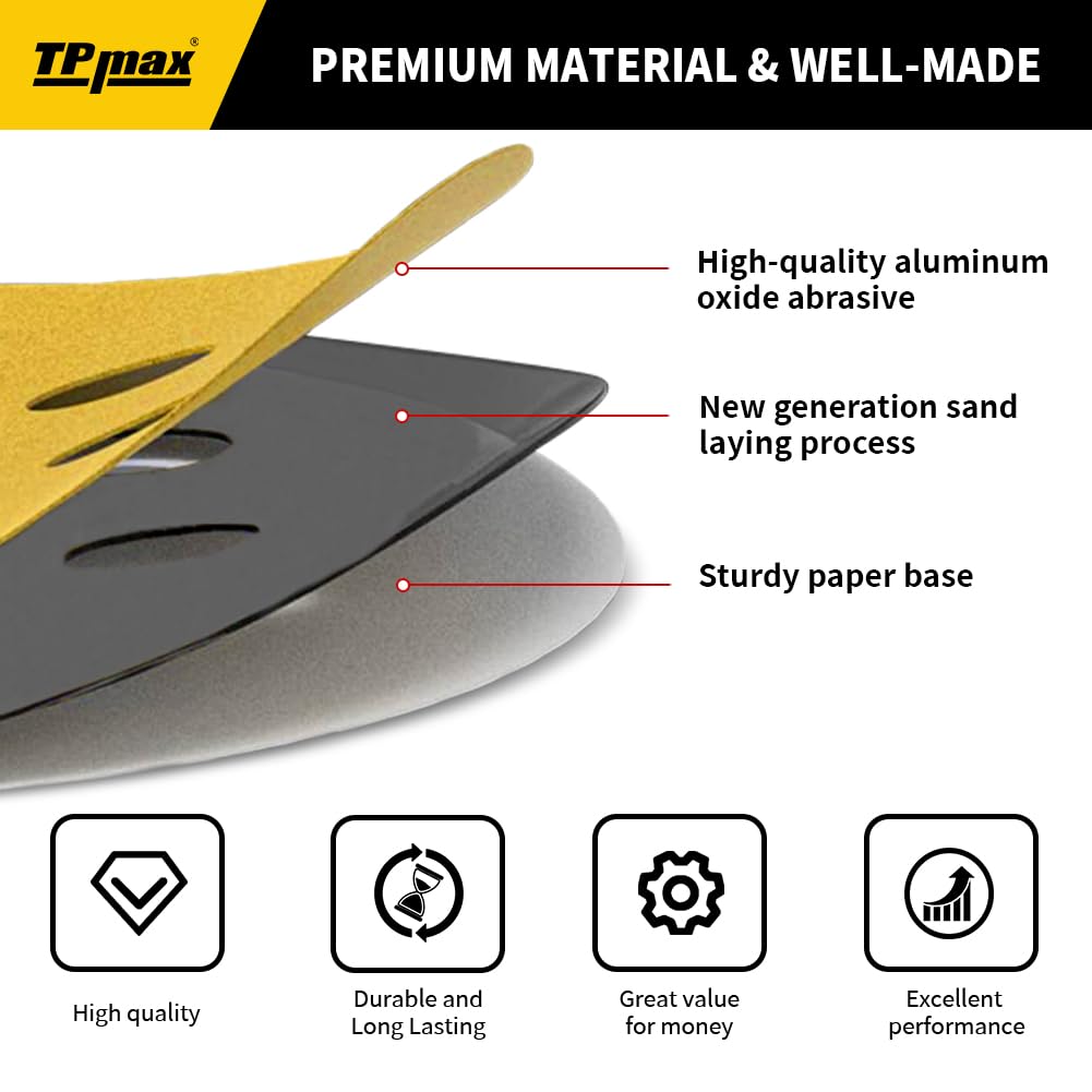 80PCS 5 Inch 40 Grit 125mm 8 Hole Sanding Discs Sandpaper - Premium Gold Round Hook and Loop for Random Orbital Sander - Ideal for Wood, Metal, Automotive
