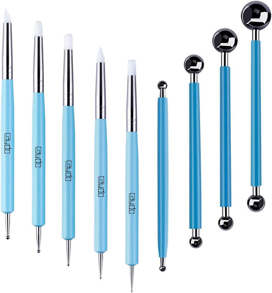 Caydo 9 Pieces Stylus Tools, 5 Pieces 2 Way Total 10 Different DIY Silicone and Ceramic Clay Indentation Tool and 4 Pieces Double-Ended Metal Ball Tools