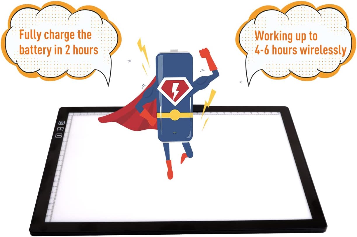 Rechargeable A4 LED Light Pad with Padded Case, Tracing Light Box w/Riser Stands and Paper Clip, 6 Levels of Brightness, Type-c Cable, Wireless Diamond Painting Light Board