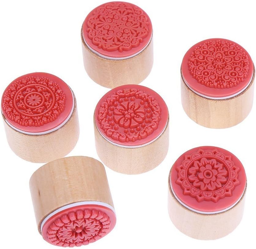 DECORA 6 Pieces Floral Pattern Round Wooden Rubber Stamp for Scrapbooking
