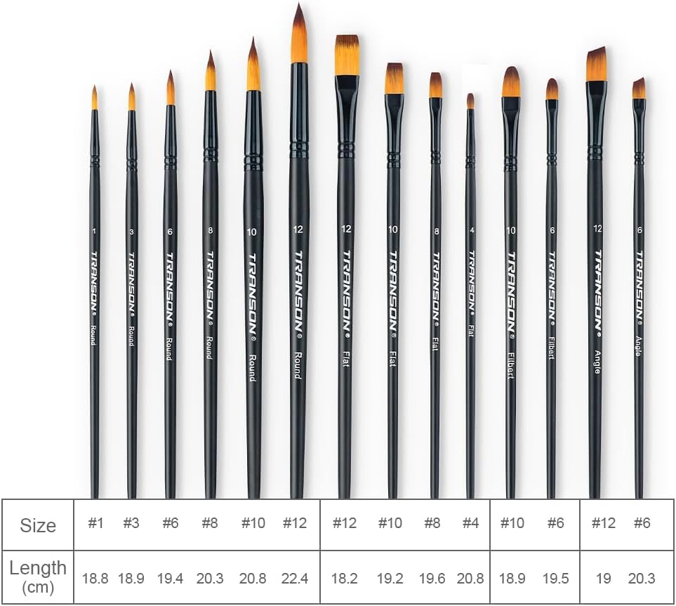 Transon 14pcs Artist Paint Brushes for Acrylic, Watercolor, Gouache, Oil and Hobby Painting Black Color