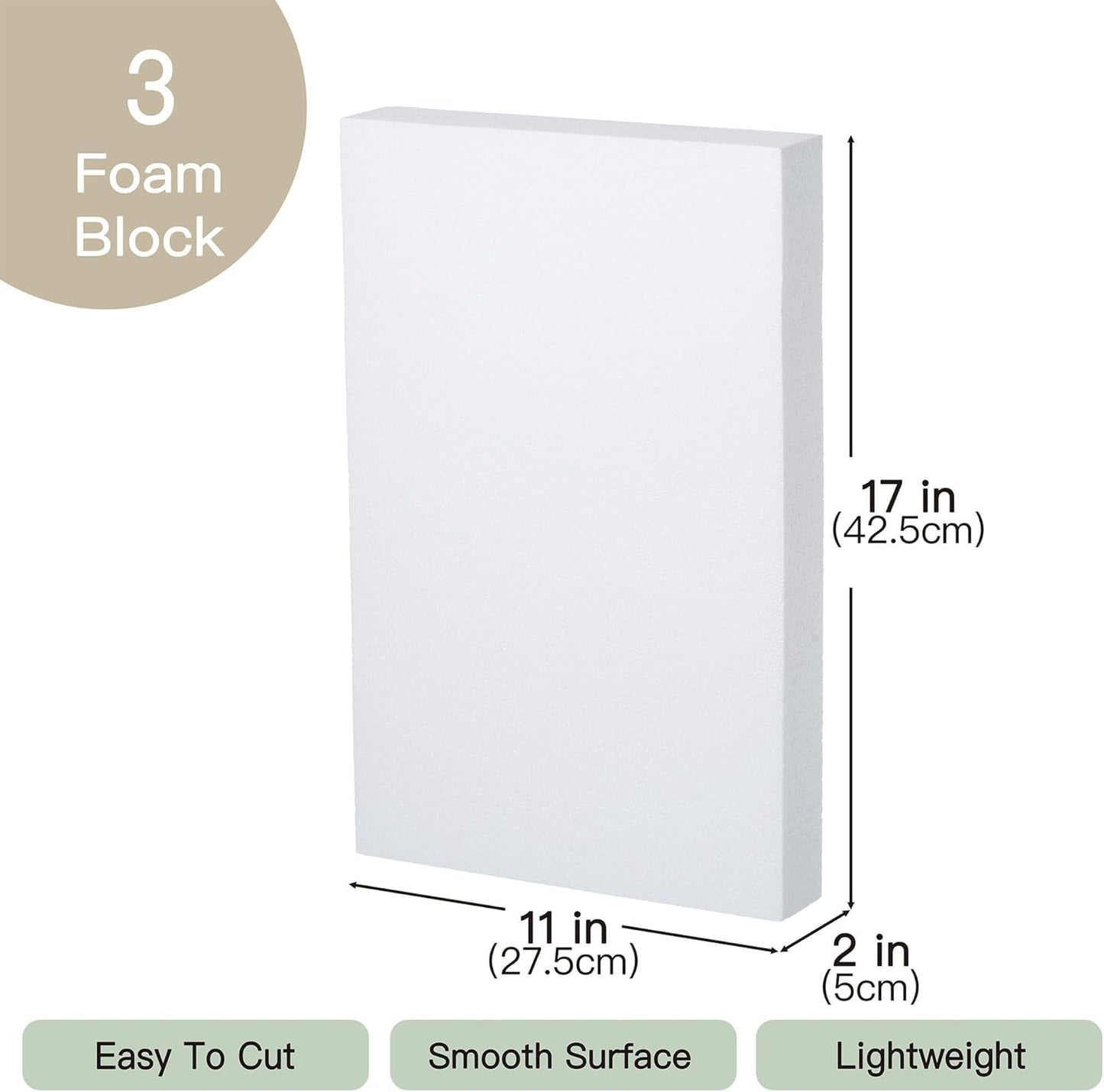 Crafare 17X11X2 Inch Craft Foam Blocks 3 Pack Polystyrene Foam Sheet DIY Crafting Rectangle for Arts School Projects Sculptures Floral Arrangements Modeling and Centerpieces