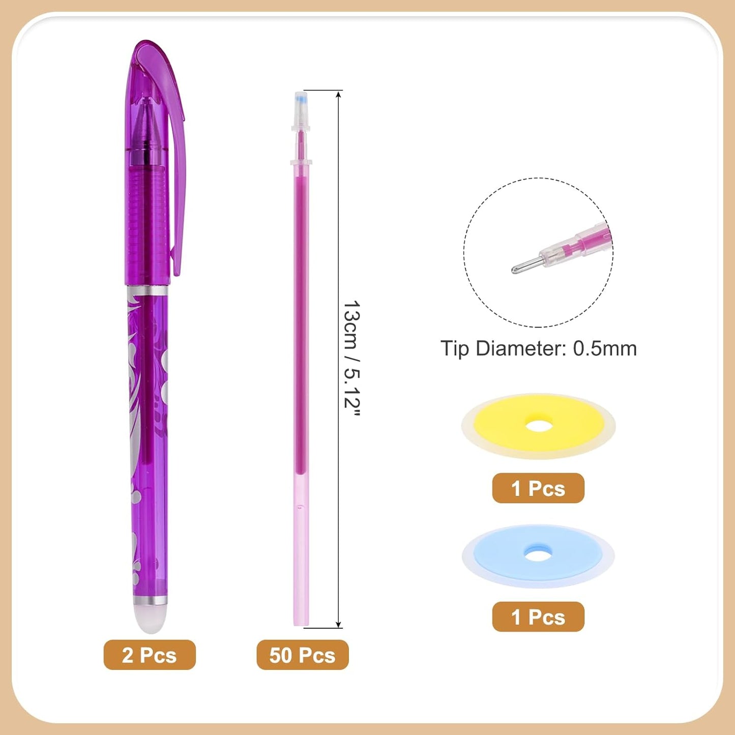 PATIKIL 2Pcs Erasable Gel Pens with 50 Refills & 2 Erasers, 0.5mm Heat Erasable Pens for Fabric Purple Ink Fabric Marking Pen for Sewing Quilting Planner Writing