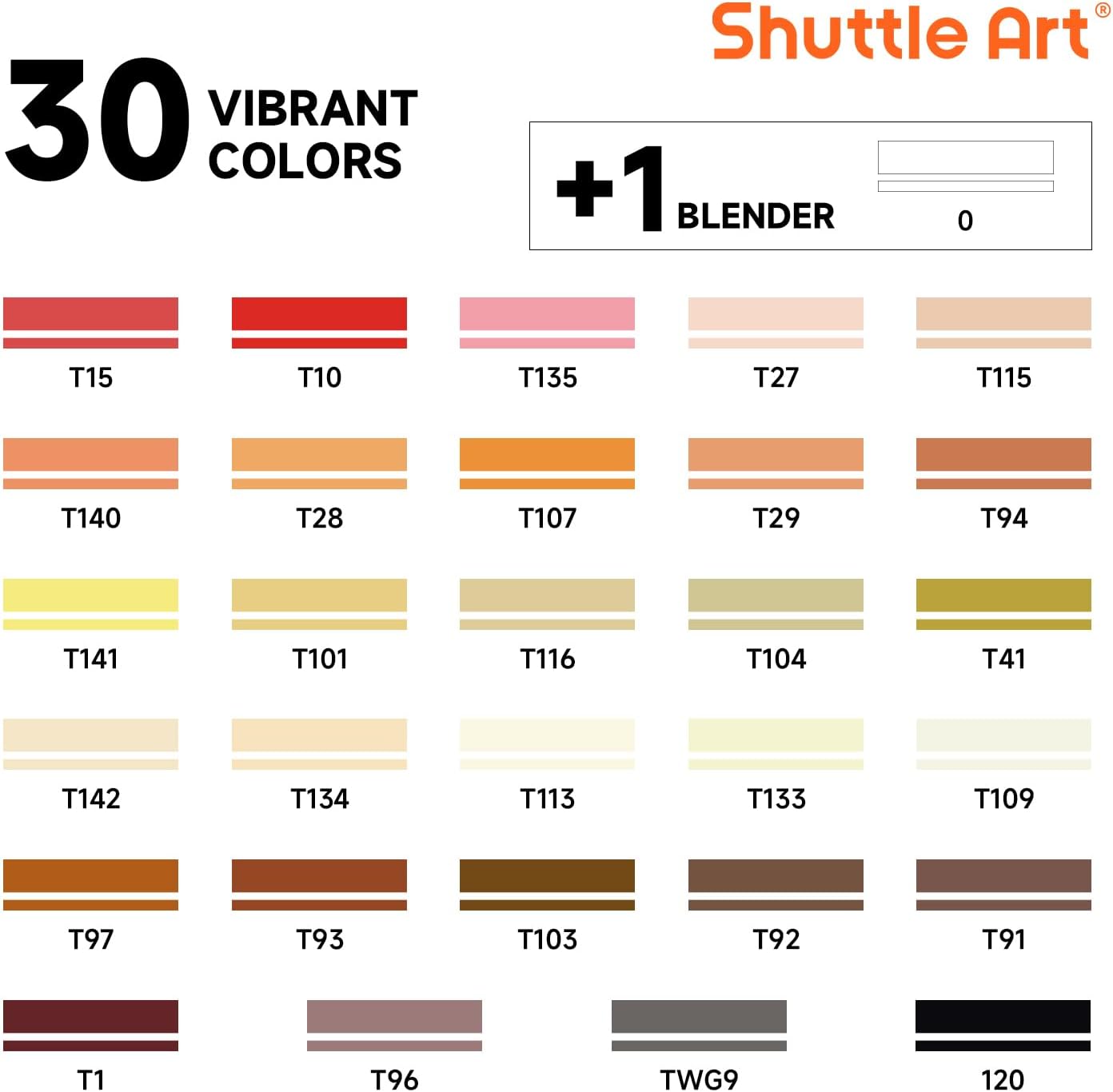 Shuttle Art 30 Colors Skin Tone&Hair Art Markers, Dual Tip Alcohol Based Flesh Color Marker Pen Set Contains 1 Blender Perfect for Kids & Adults Portrait,Comic, Anime, Manga, Illustration