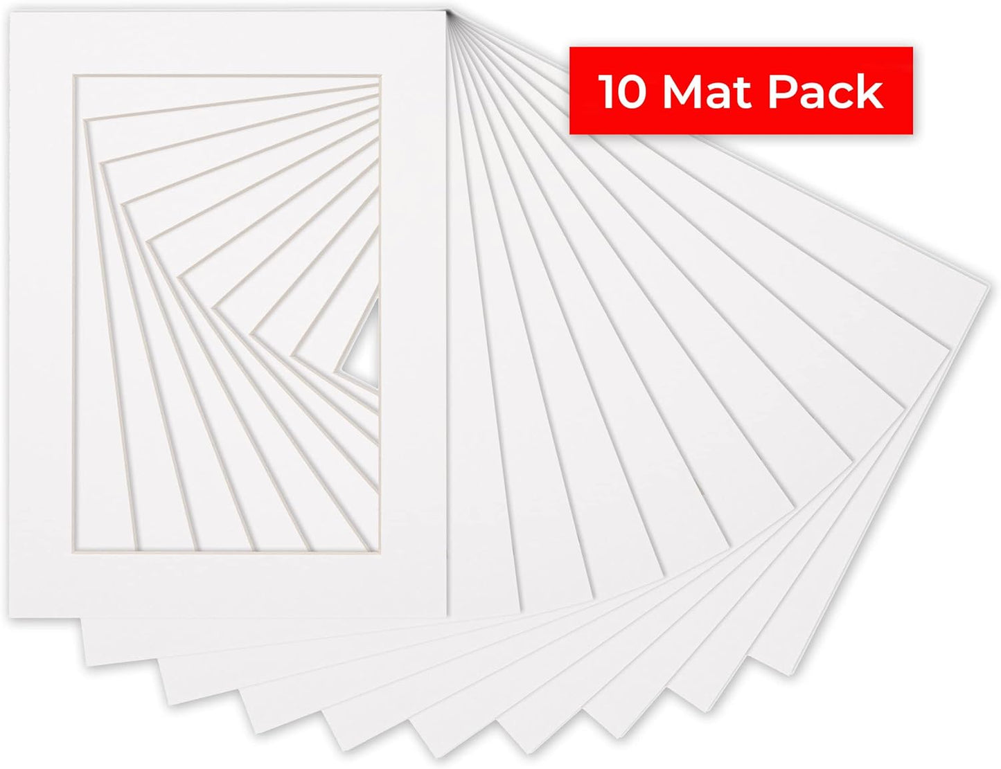 Pack of Ten 8x10 Mats Bevel Cut for 5x8 Photos - Acid Free White Precut Matboards for Pictures, Photos, Framing - 4-ply Thickness