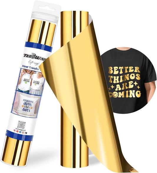 TECKWRAP Gold HTV Heat Transfer Vinyl 12" x 5ft Chrome Gold Vinyl for Craft Cutter, Heat Press Machine Iron On Vinyl for T-Shirts Easy to Cut & Weed