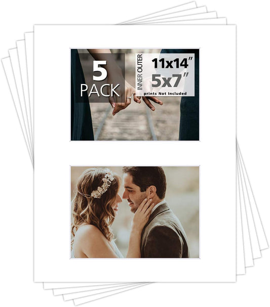 Mat Board Center, Pack of 5, Photo Picture Mats - Acid Free, 4-ply Thickness, White Core - for Pictures, Photos, Framing (11x14 for 2-5x7 White)