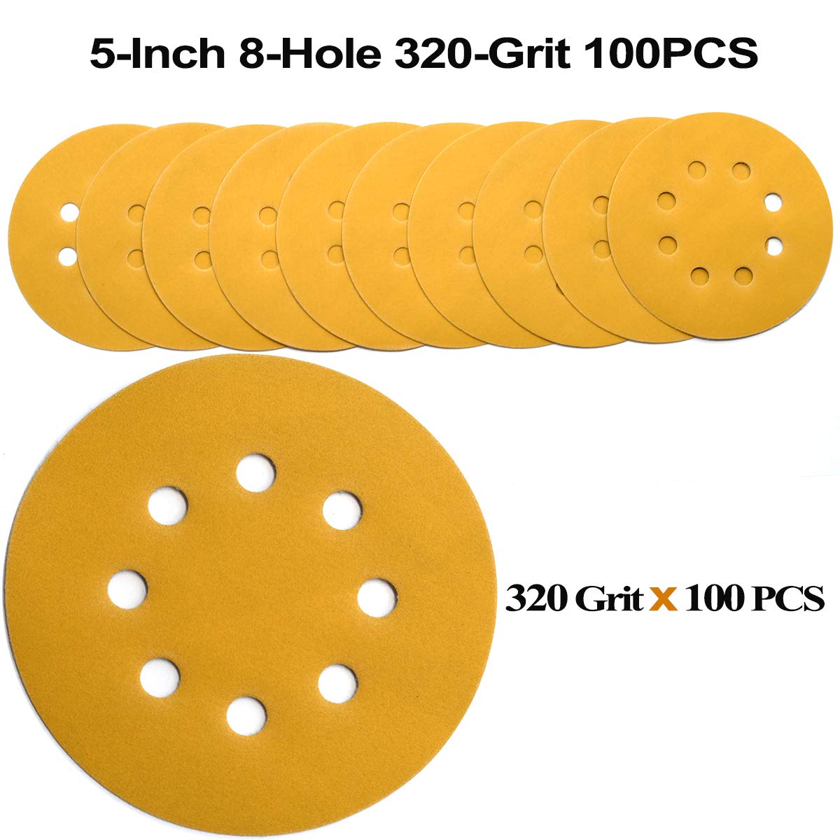 5-Inch 8-Hole Hook and Loop Sanding Discs 320-Grit Random Orbit Sandpaper, 100-Pack