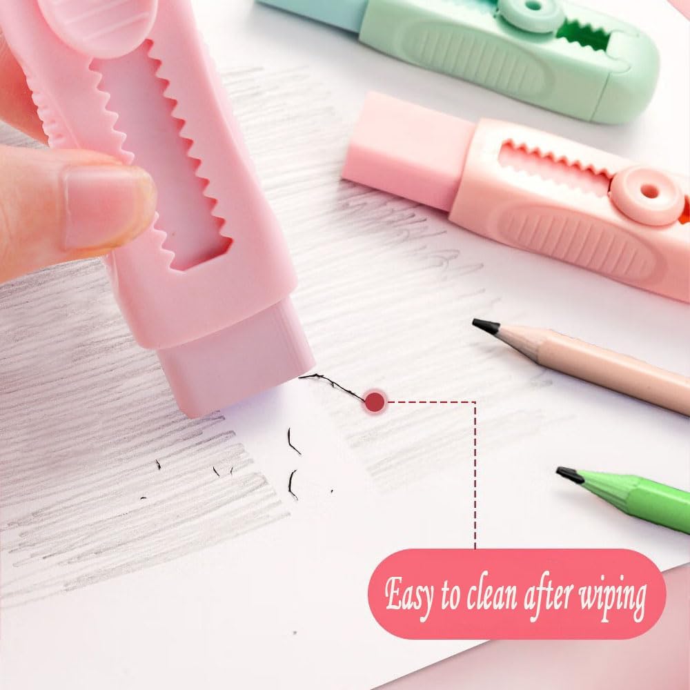 6Pcs Pastel Pencil Rubber Erasers Sliding Retractable Eraser Rectangular Push Pull Large Pencil Eraser with Plastic Sleeve Refill Writing Art Eraser for School Office Drawing