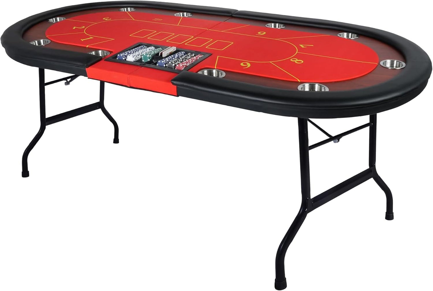 Upgrade 84" Folding Poker Table, 10 Players Oval Card Table with Stainless Steel Cup Holders & Padded Rails, Casino Leisure Felt Surface Texas Hold 'em Poker Table, Red