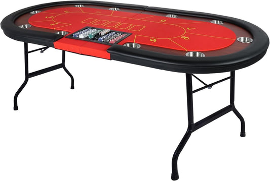Upgrade 84" Folding Poker Table, 10 Players Oval Card Table with Stainless Steel Cup Holders & Padded Rails, Casino Leisure Felt Surface Texas Hold 'em Poker Table, Red