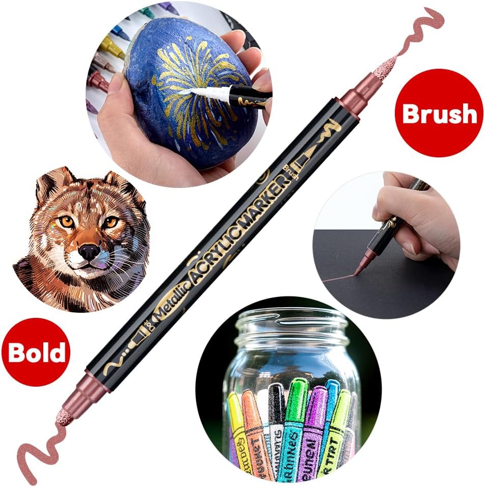 TRANSON 12Colors Metallic Paint Markers Bold and Brush Dual-tip for Rock Wood Ceramic Canvas DIY Painting Drawing