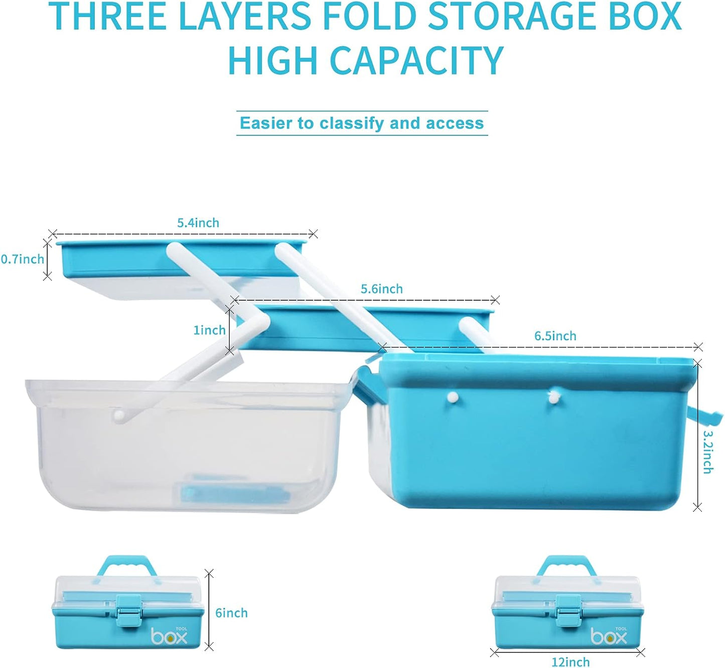 12in Three-Layer Multipurpose Storage Box Organizer Folding Tool Box/Art & Crafts Case/Sewing Supplies Organizer/Medicine Box/Family First Aid Box with 2 Trays (Blue)