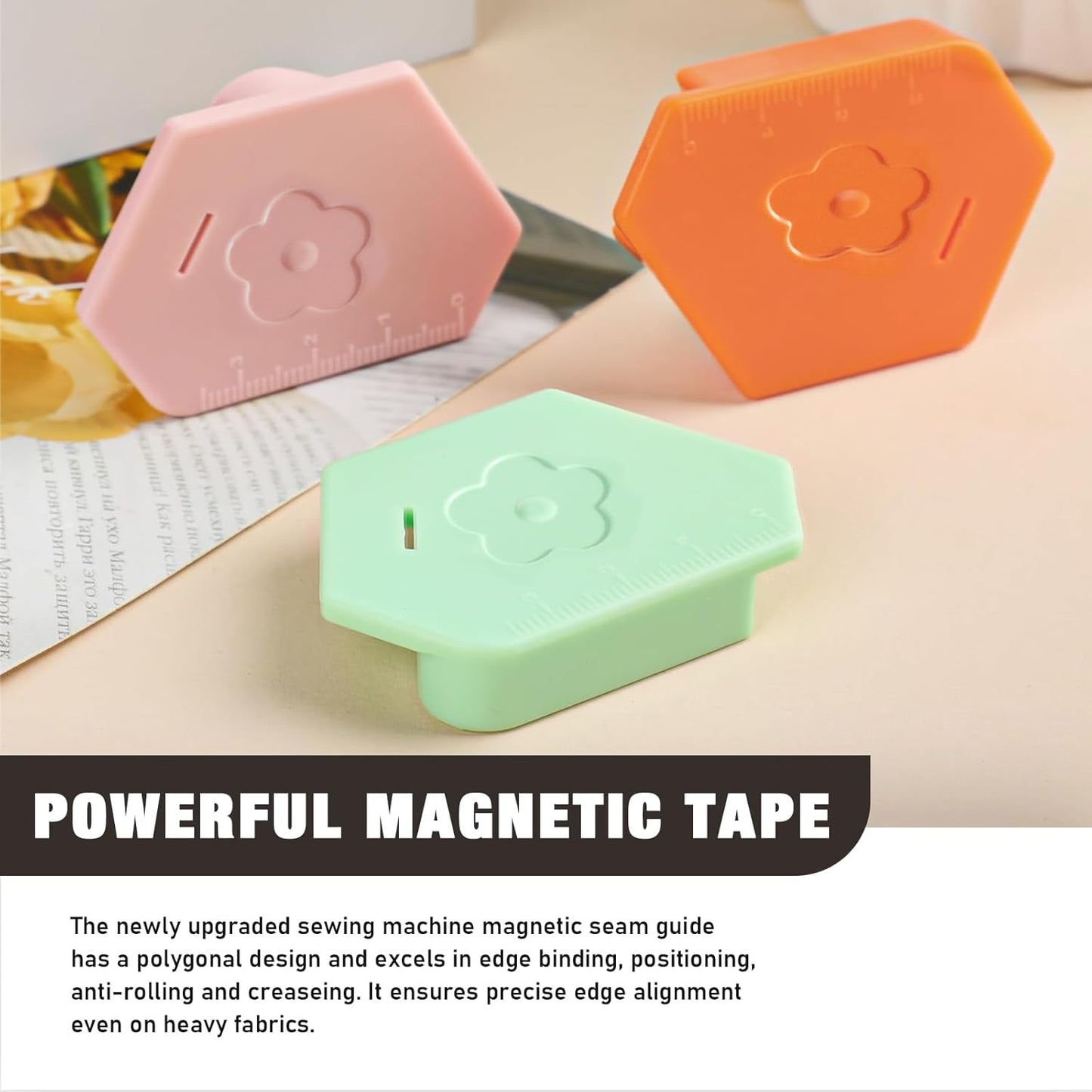 Wshxjzyay 3 Pack Magnetic Seam Guide for Sewing Machine, Upgraded Multifunctional Polygonal Hemmer Guide with Scale, Universal Sewing Accessory for Magnet Making Machine (3 Colors)