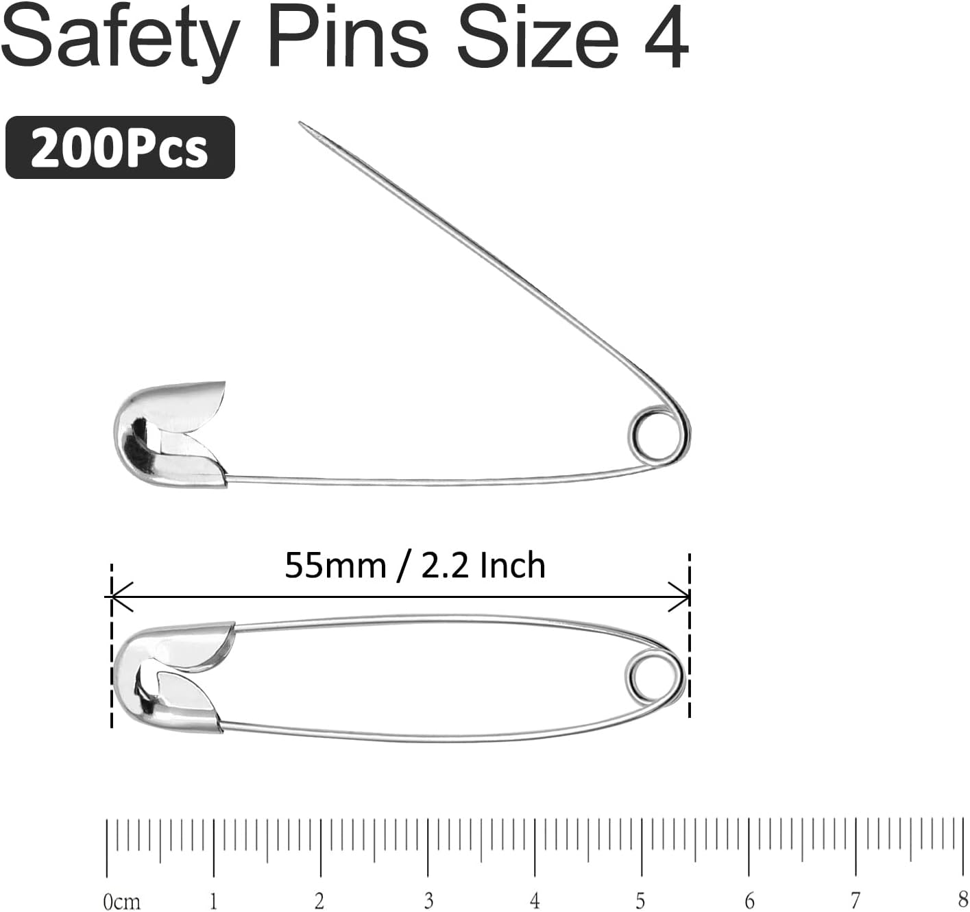 200 PCS 55mm / 2.2 Inch Safety Pins Heavy Duty Quilting Pins, Large Safety Pins Size 4, Silver Metal Sewing Pins, Big Safety Pins for DIY Crafts Jewelry Making Baby Clothing (Nickel Plated)