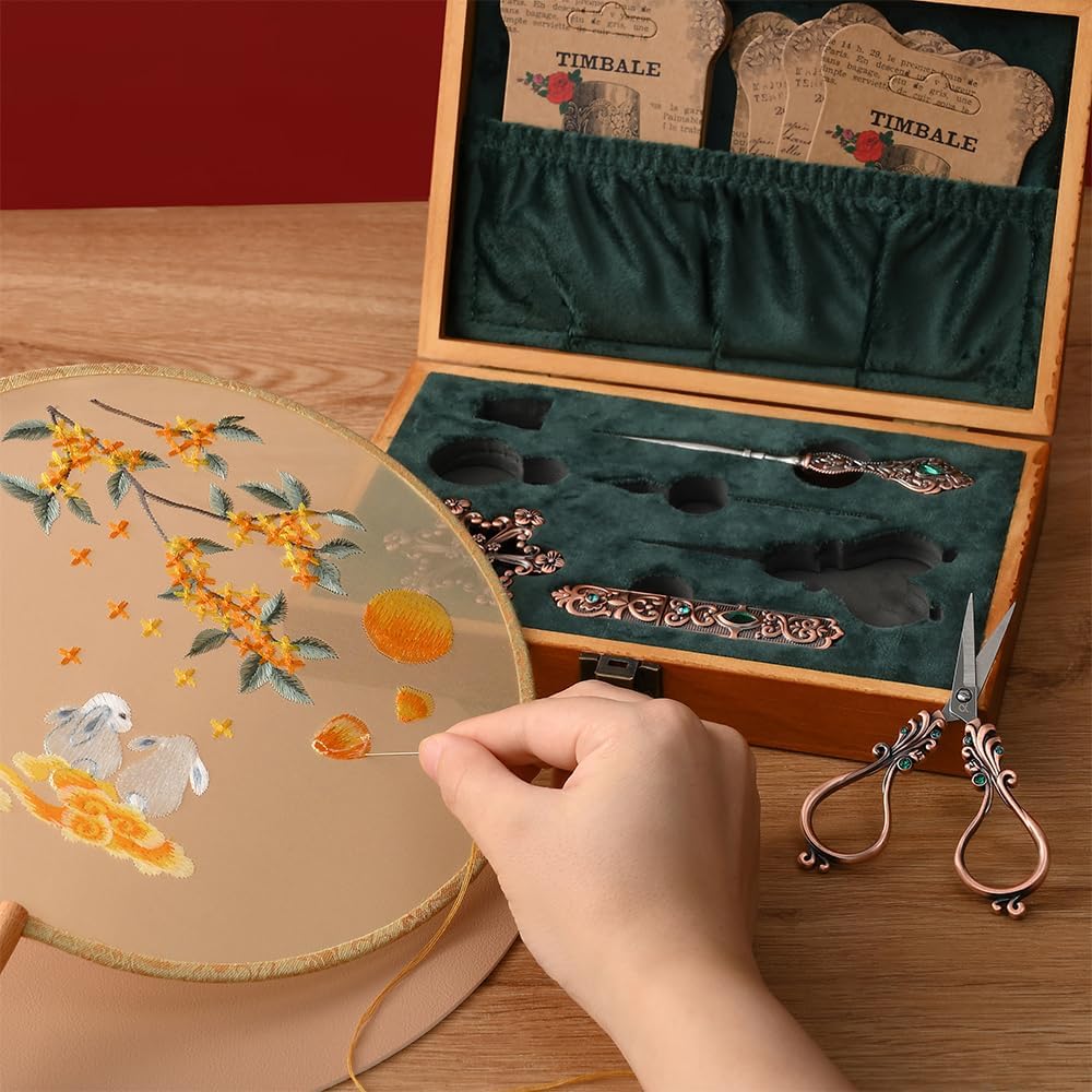 NOTIONSLAND Embroidery Scissor Set, Vintage Supplies, Needle Case, Sewing Awl, Thimble, Floss Board for Needlework, Copper