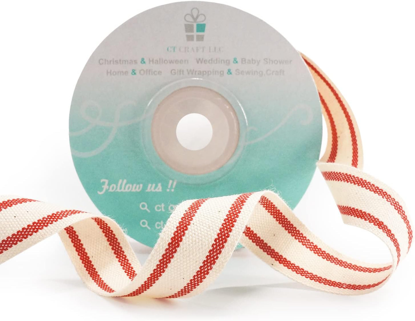 CT CRAFT LLC Ivory Cotton Red Stripes Ribbon 5/8" x 10 Yards for Home Décor Gift Present Wrapping DIY Crafts Birthday Wedding Bouquet Christmas
