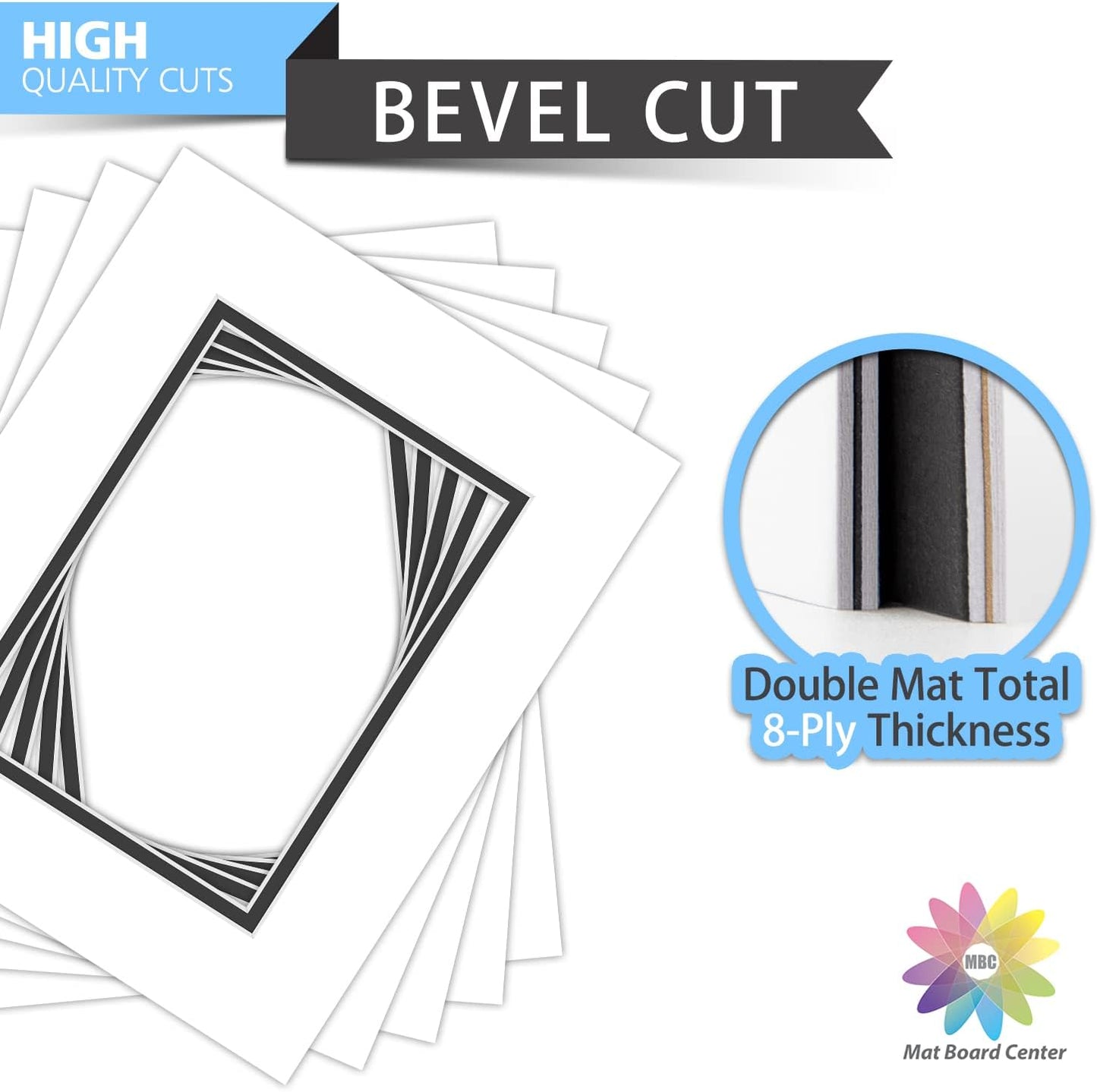 Mat Board Center, Double Mat - Acid Free, 8-ply Thickness, White Core - for Pictures, Photos, Framing (White Over Black, 8x10 for 5x7, Pack of 5)