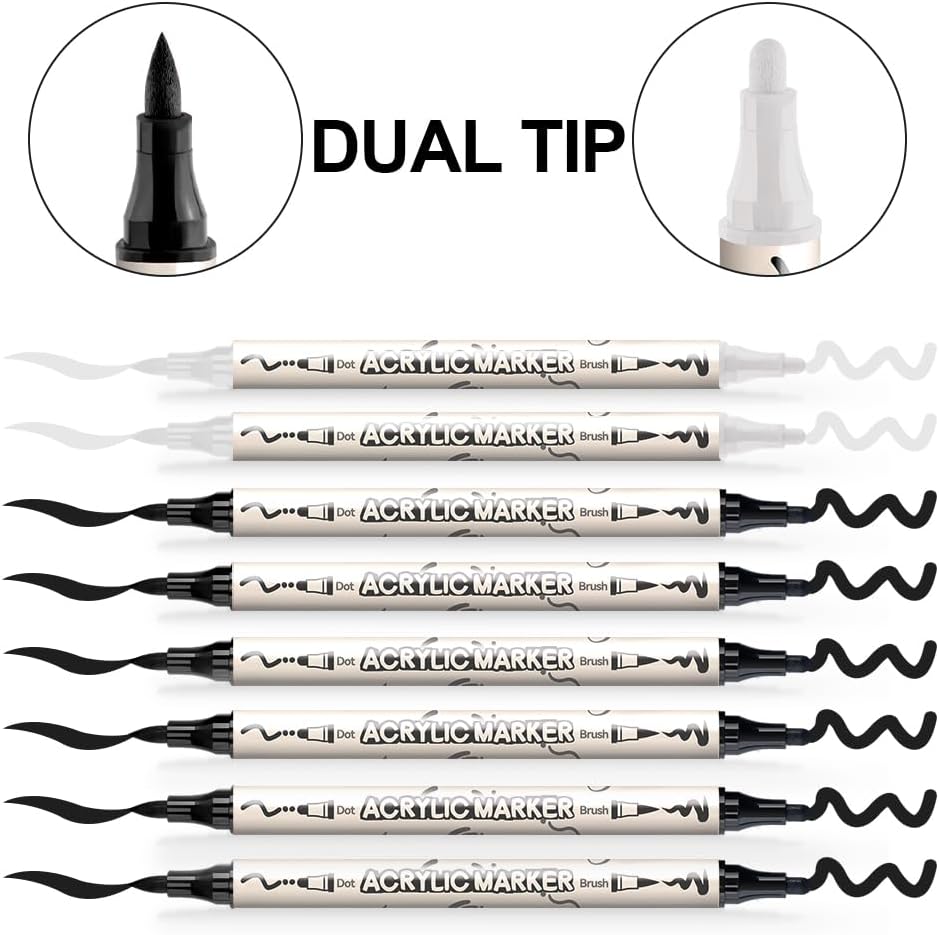 TRANSON 6 Black and 2 White Paint Markers Bold and Brush Dual-tip Acrylic Paint Marker for Rock Glass Canvas Wood Leather Ceramic DIY Painting