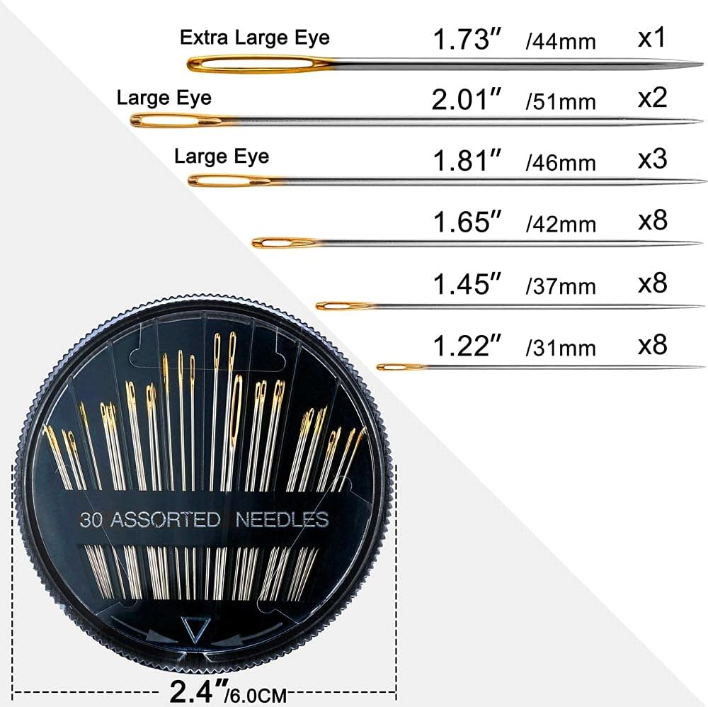 Premium 30/60 Pack Sewing Needles for Hand Sewing Repair with 2 Threaders, 6 Sizes Assorted Large Eye Stitching Needles for Embroidery and Handsewing