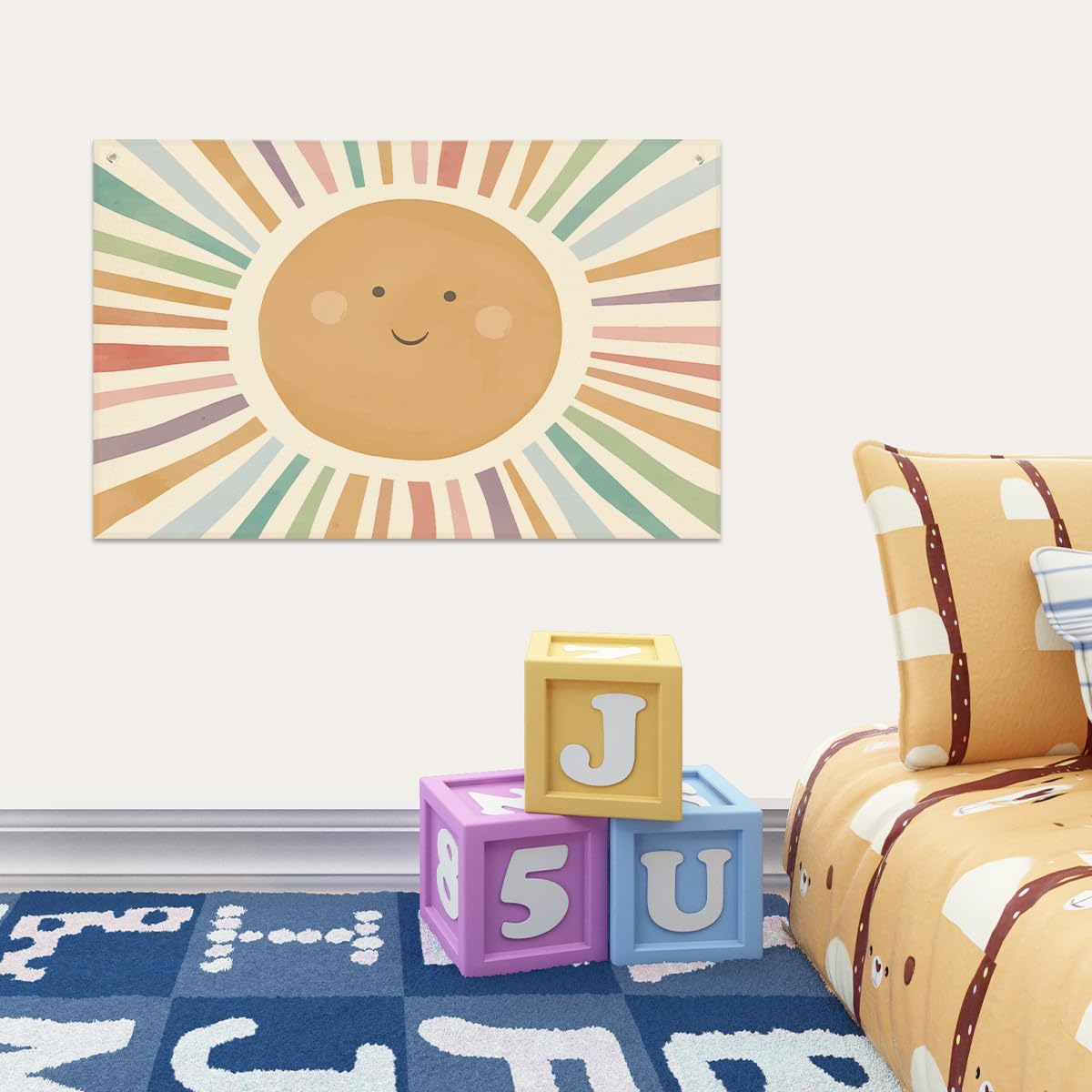 Watercolor Sun Banner Playroom Decor Banner Canvas 21 in x 33 in Hanging Flag Perfect for Kids Nursery and Playroom Wall Decor Stylish Room Decor for Boys and Girls
