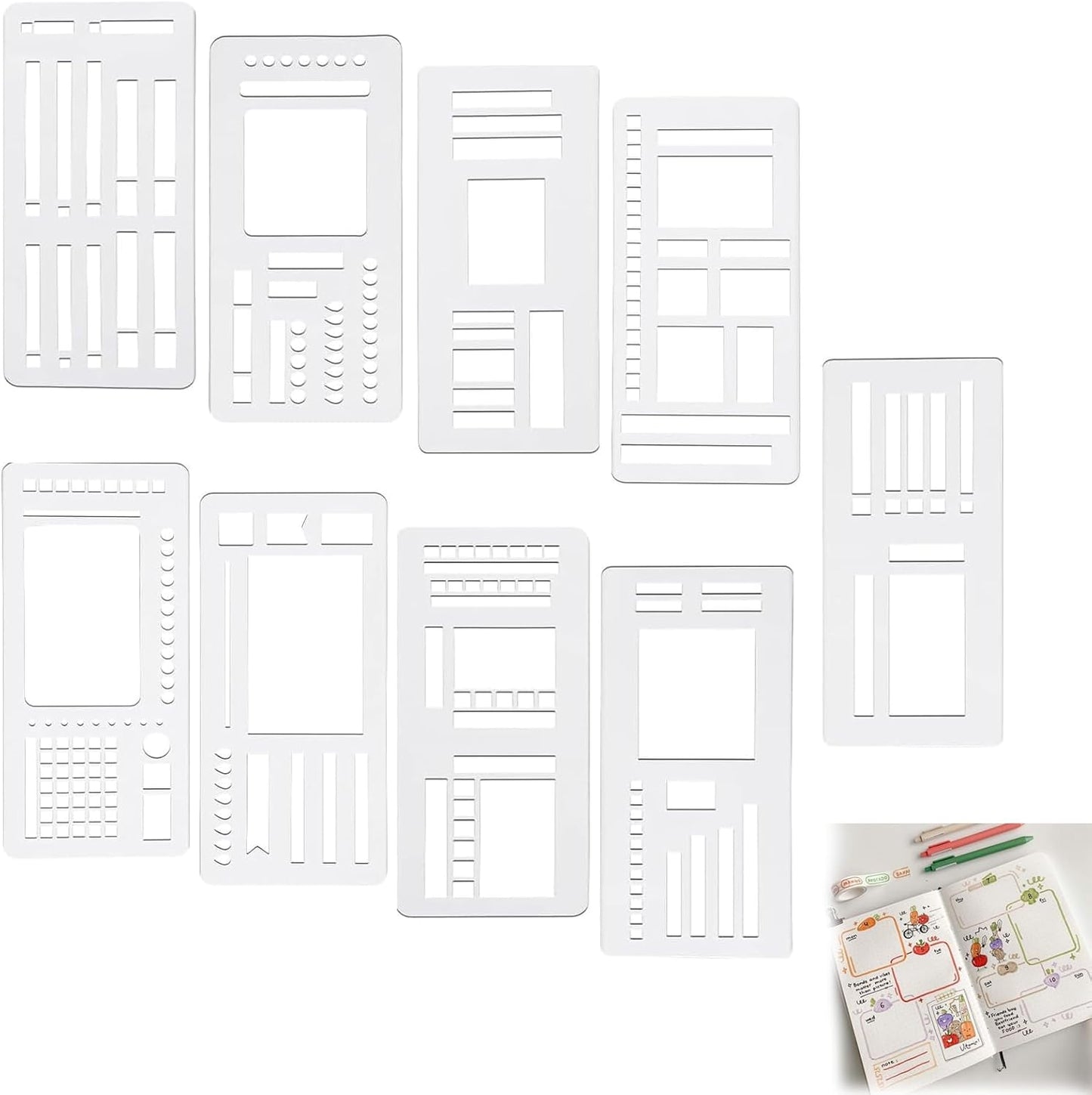 9 Pack Handmade Flexible Planner Stencils, Reusable Templates for Journals, Calendars & Daily Planning, Checklists, Lines & Boxes, Compatible with Rings, Discs, Coils