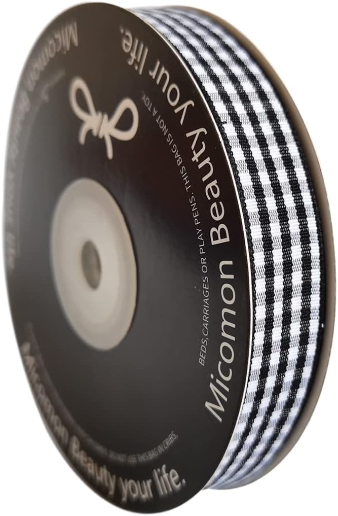 Black and White Wovon Edge Gingham Ribbon 25 Yard Each Roll 100% Polyester (5/8", Black)