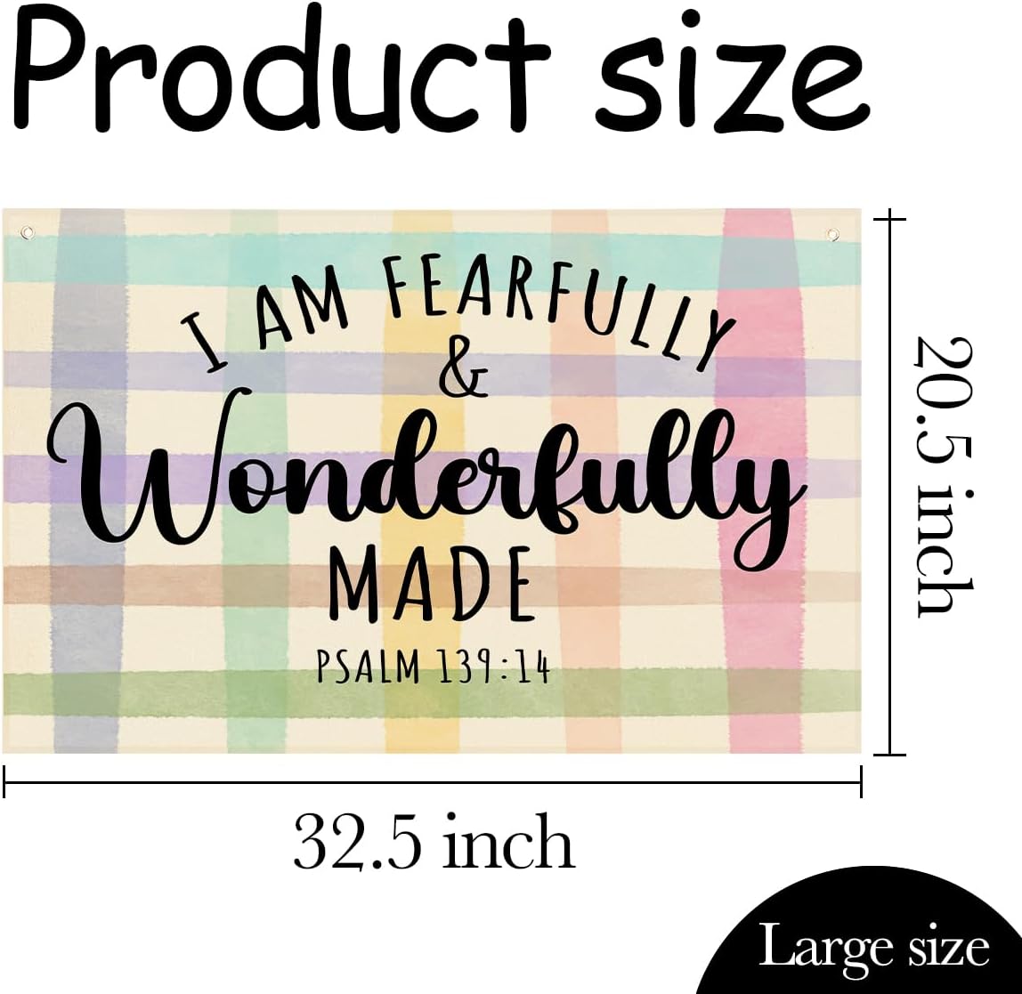 Fearfully and Wonderfully Made Bible Verses Wall Decor Kids Room Decor Canvas Banner, Canvas Decoration for Classroom, Nursery, Kids Room for Boys and Girls