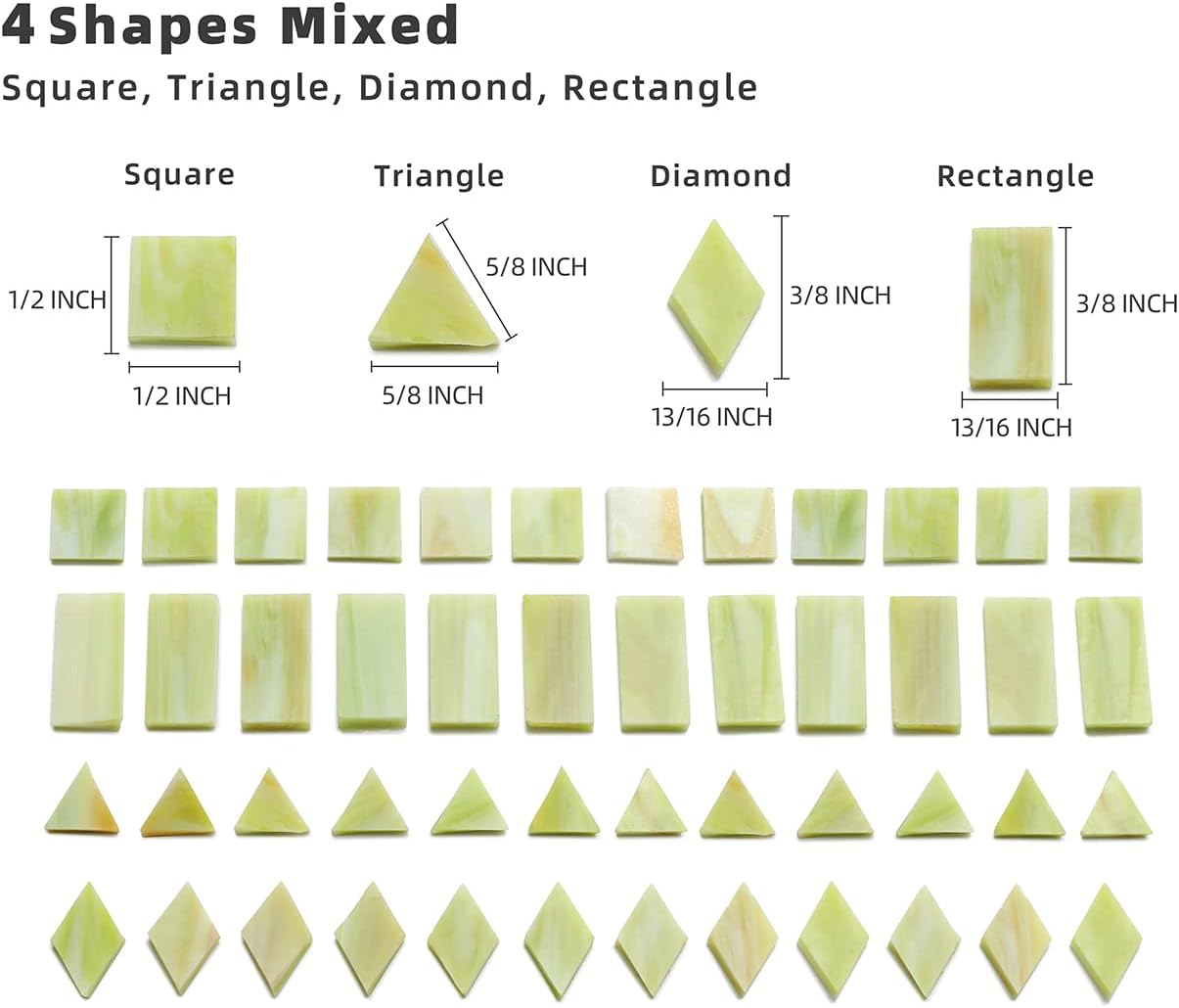 Lanyani Glass Mosaic Tiles for Art Crafts, 4 Shapes Mixed Tiffany Stained Glass Pieces, 200 Pieces, Square/Rectangle/Diamond/Triangle,New Leaf Green