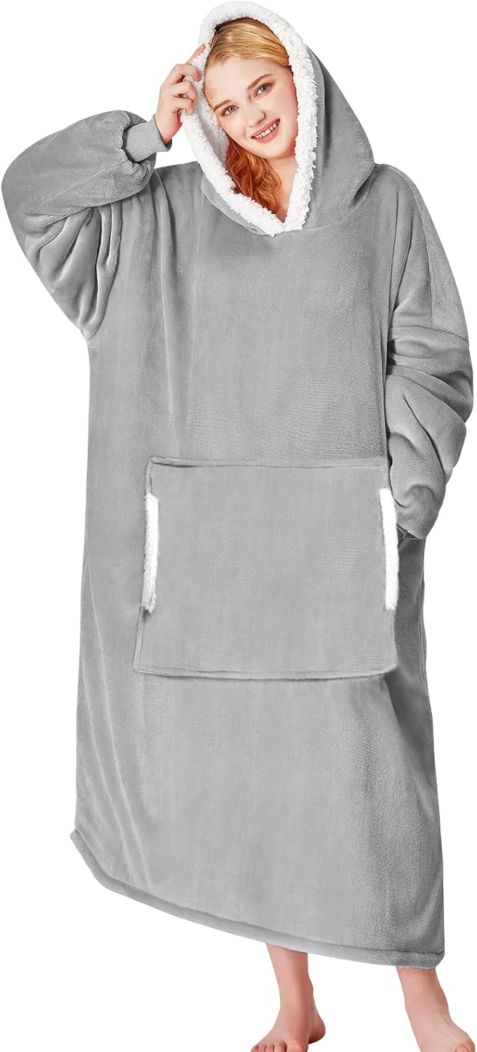 yescool Wearable Blanket Hoodie, Flannel Sherpa Fleece Blanket Sweatshirt for Adults Women Men,One Size Fits All