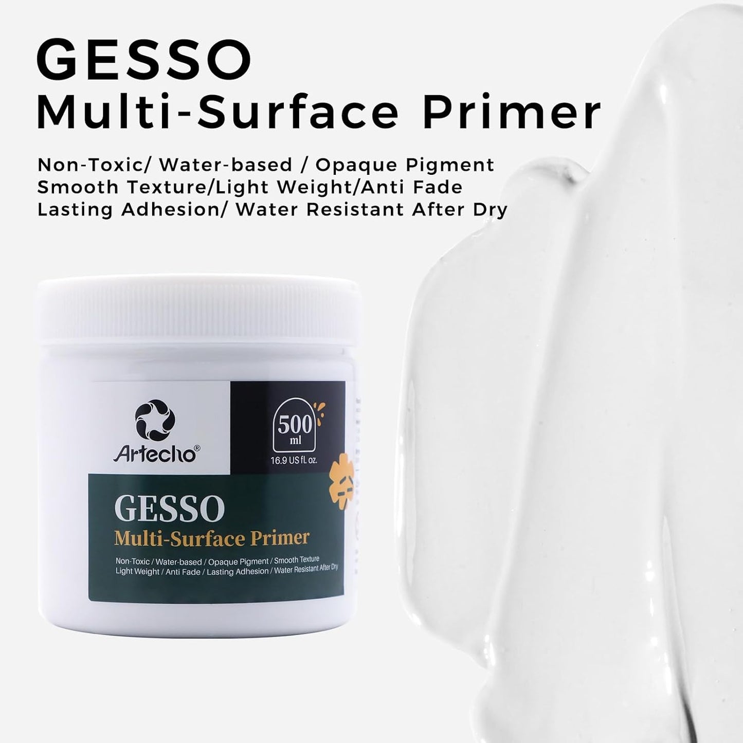 Artecho White Gesso 16.9oz / 500ml, Gesso Primer for Acrylic Painting