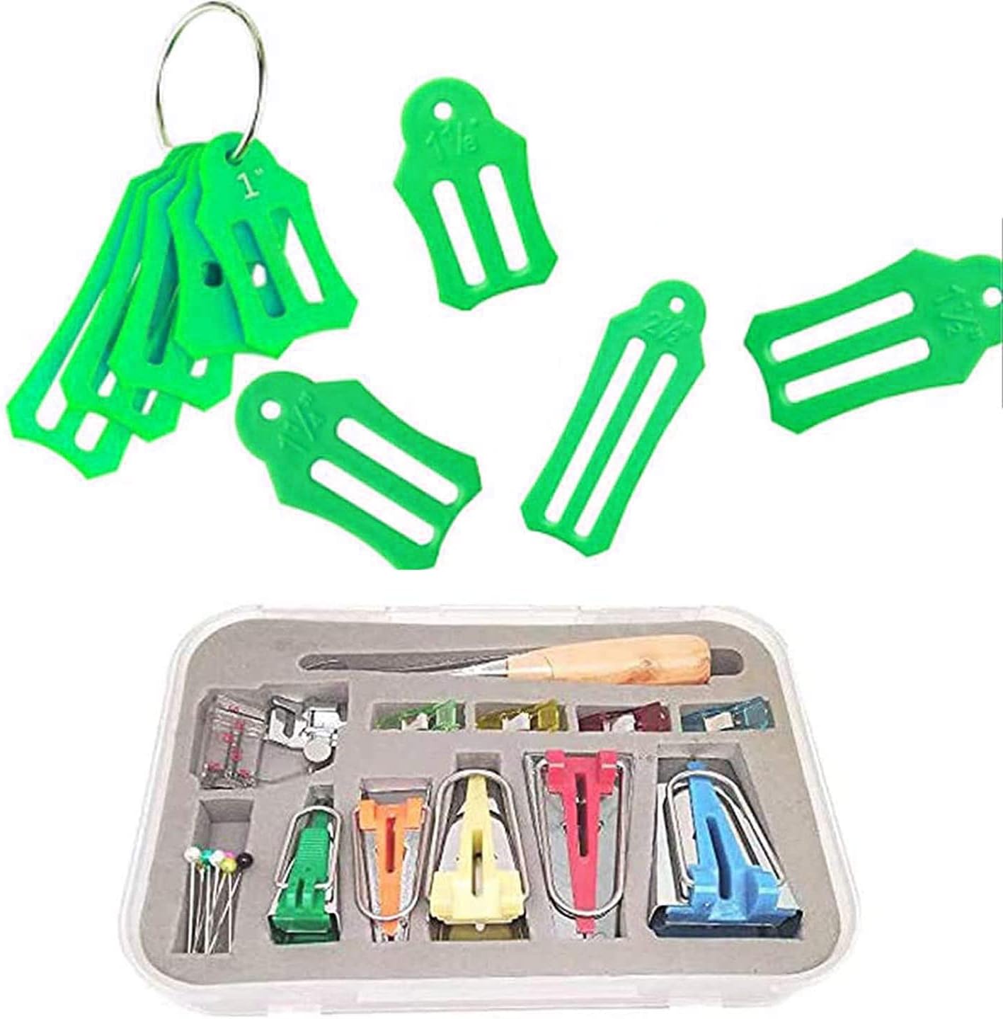 YICBOR Bias Tape Maker Kits All 5 Sizes 6MM 9MM 12MM 18MM 25MM Binding Foot Craft Clips Awl Quilter's Pin Comes with 10pcs Multi-Sizes Folding Fabric and Biasing Strips Roll Tool Set (Green)