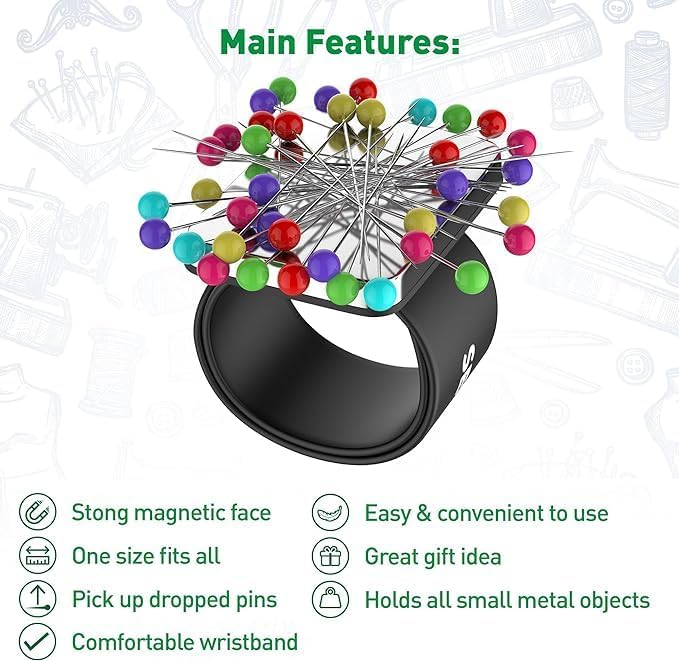 Sew Your Way Magnetic Pin Cushion Wristband Black 9" – Strong Pin Holder for Sewing & Quilting | Gift for Sewers Gift for Quilters | Top Sewing Notion & Quilting Accessory | Wrist Pin Cushion
