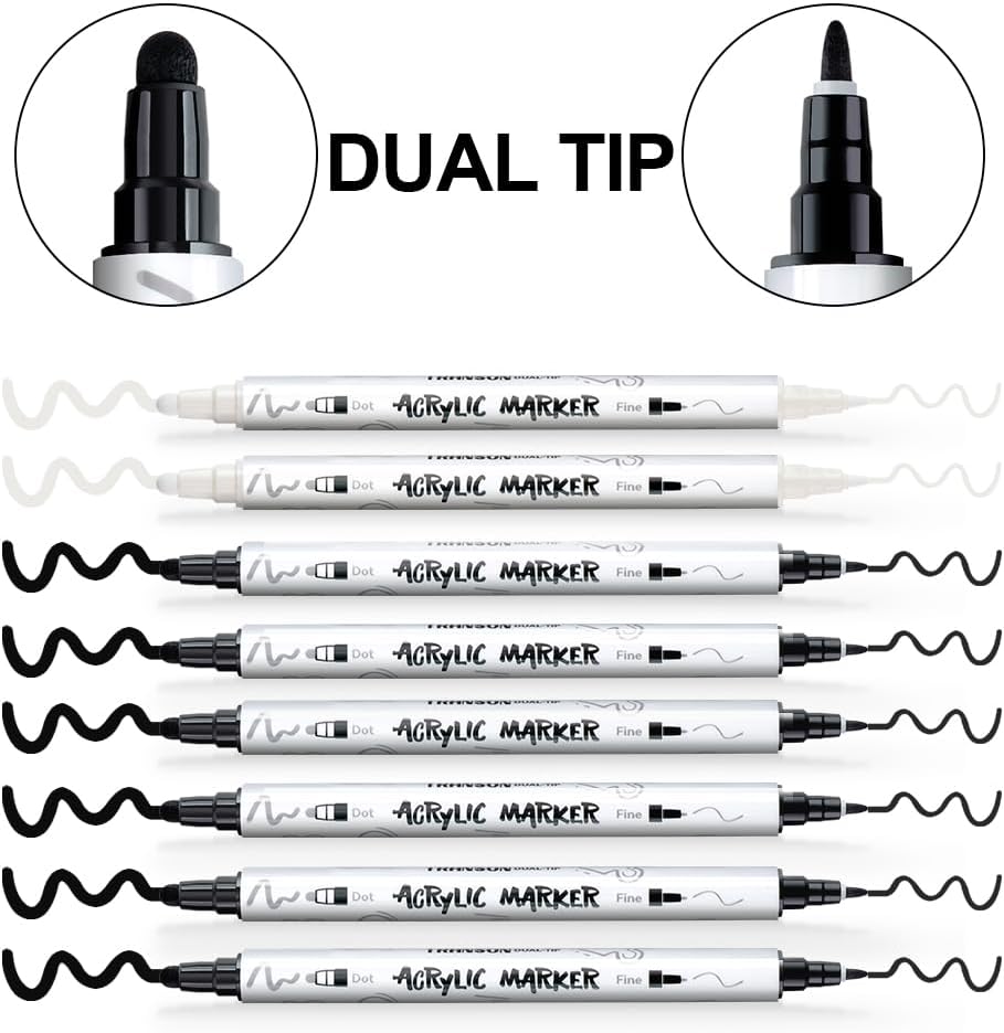 TRANSON 6 Black and 2 White Paint Markers Bold and Fine Dual-tip Acrylic Paint Marker for Rock Glass Canvas Wood Leather Ceramic DIY Painting