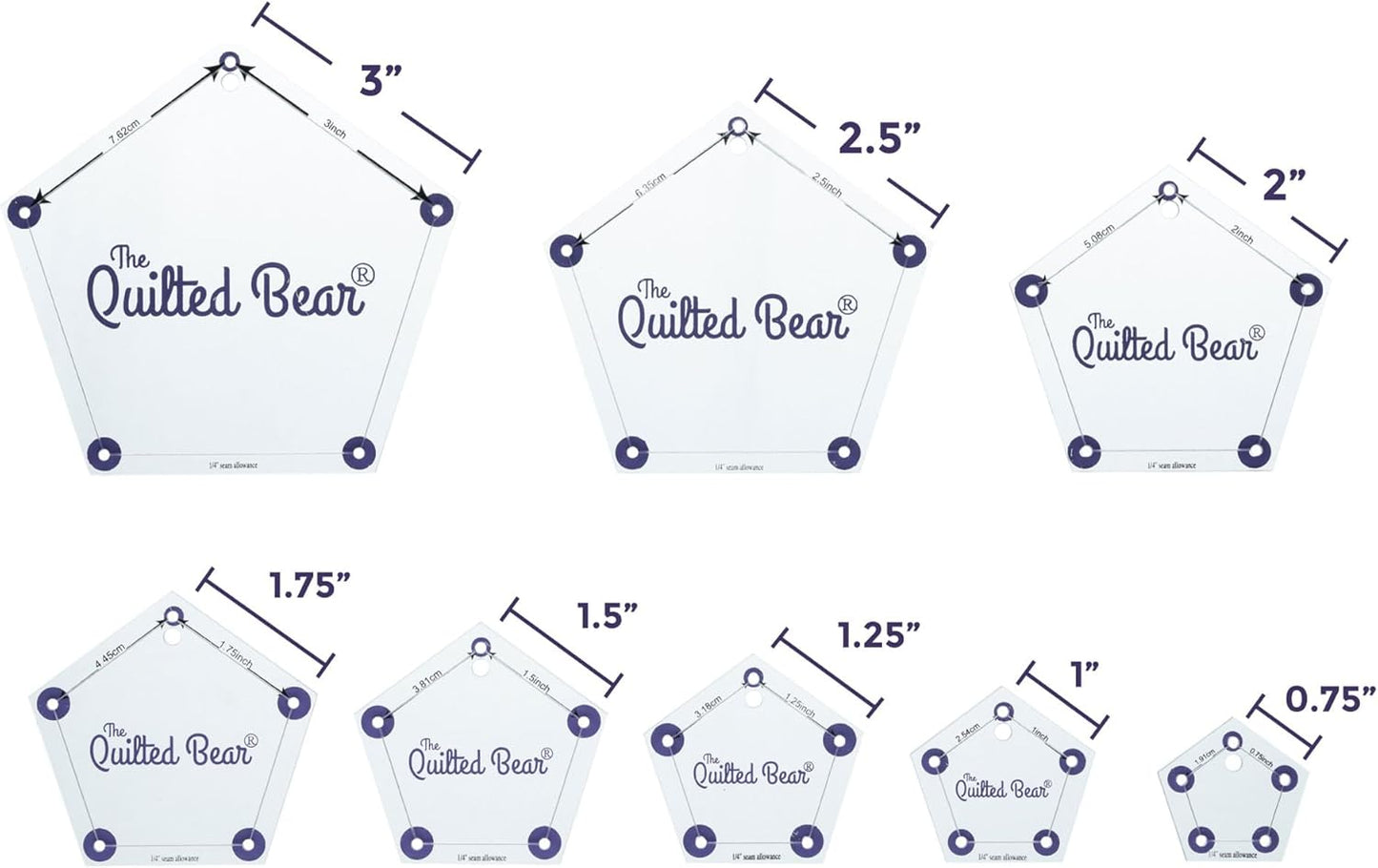 The Quilted Bear Pentagon Quilting Templates – 8 Clear Non-Slip Acrylic Quilt Templates for Precise Fabric Cutting & Stress-Free Machine Quilting - Ideal for Quilt & Sewing Supplies (¾–3")