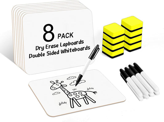 Dry Erase Lapboards, HERKKA 8 Pack Double Sided Dry Erase Lap Boards 9 x 12.5 Inch, 8 Markers, 8 Erasers, Small Dry Erase Boards for Classroom Supplies