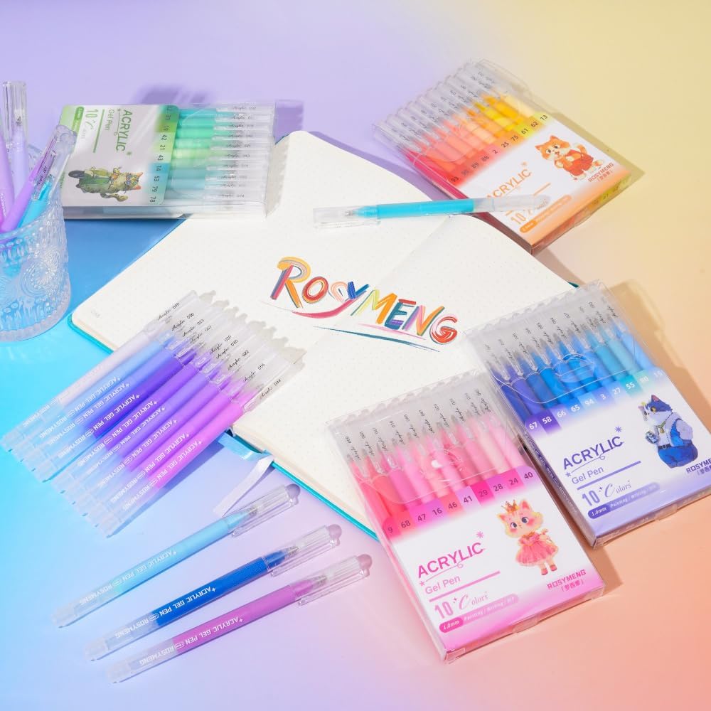 ROSYMENG 10 Colors Acrylic Gel Pens Set, Big-Capacity Ink Acrylic Paint Pen for Adults Coloring Books, Waterproof Paint Markers for Canvas, Rock, Wood, Drawing Doodling, Ceramic, Fabric, DIY Crafts