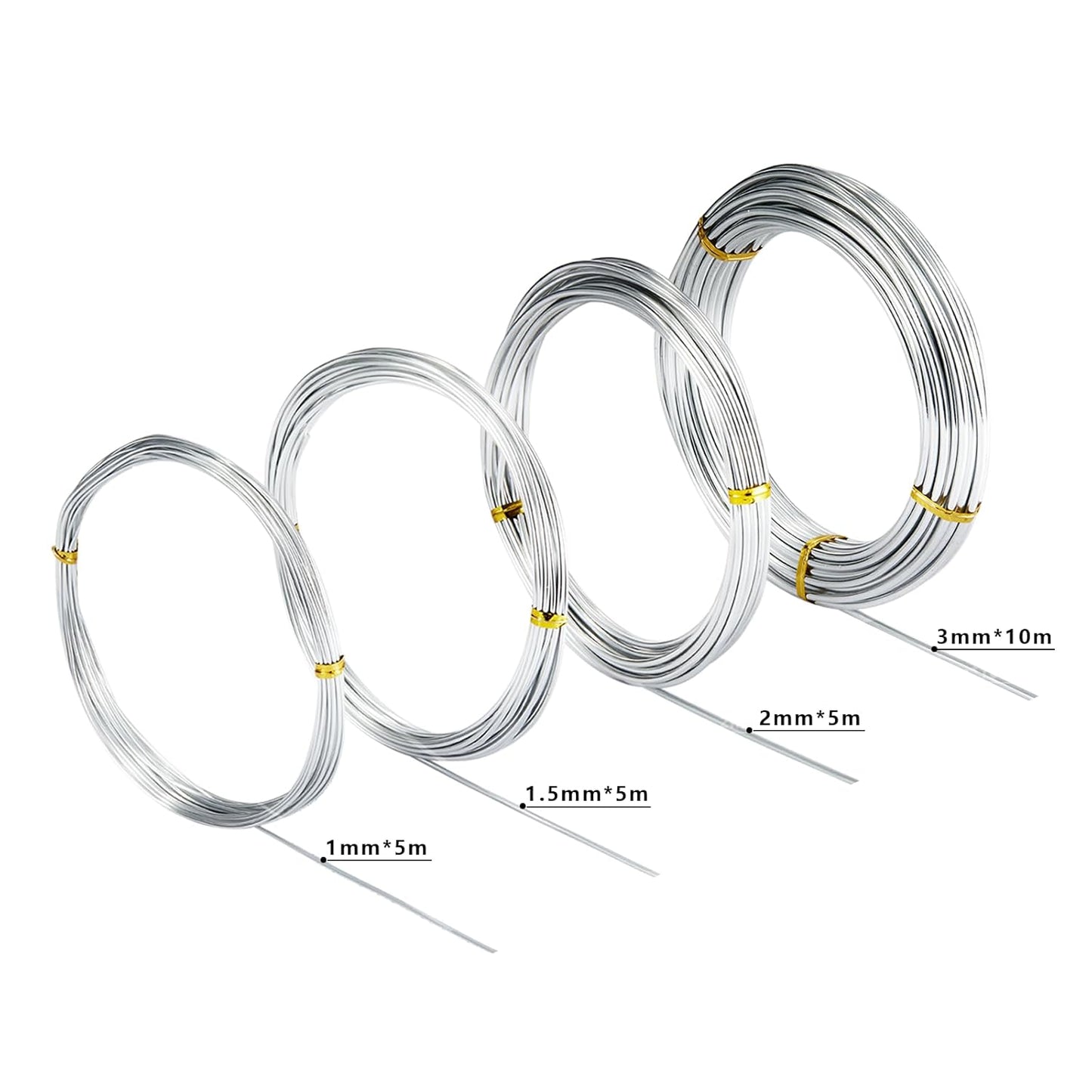 4 Pcs Aluminum Craft Wires, 3mm*10m, 2mm*5m, 1.5mm*5m, 1mm*5m, Bendable Craft Wire for Sculpting Armature DIY Jewelry Making (Silver)