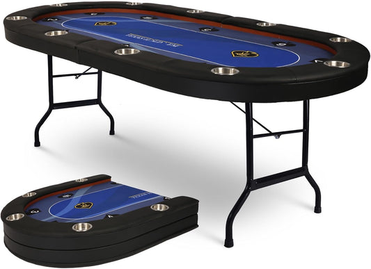 Upgrade Foldable Poker Table for 10 Players - Texas Holdem & Blackjack Board Game Table - Large Casino Table with 10 Stainless Steel Cup Holders & Padded Rails - Perfect for Texas Casino Leisure Game