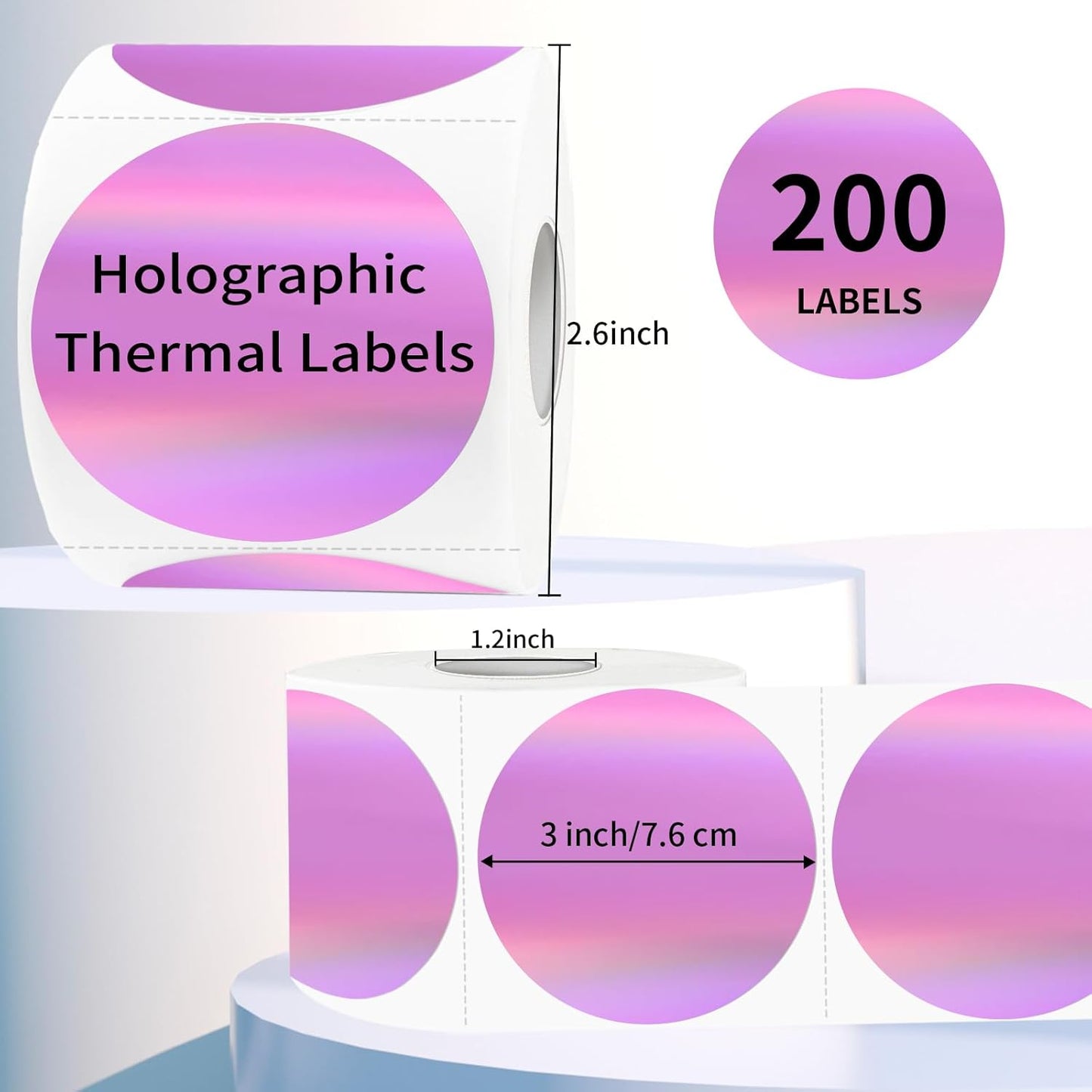 3" Holographic Direct Thermal Label Stickers, Round Printable Rainbow Glitter Thermal Printer Sticker Labels for Gift Wrapping, Self-Adhesive DIY Custom Logo Design- Holographic Pink